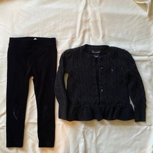 Ralph Lauren black cardigan and J crew CrewCuts velvet leggings